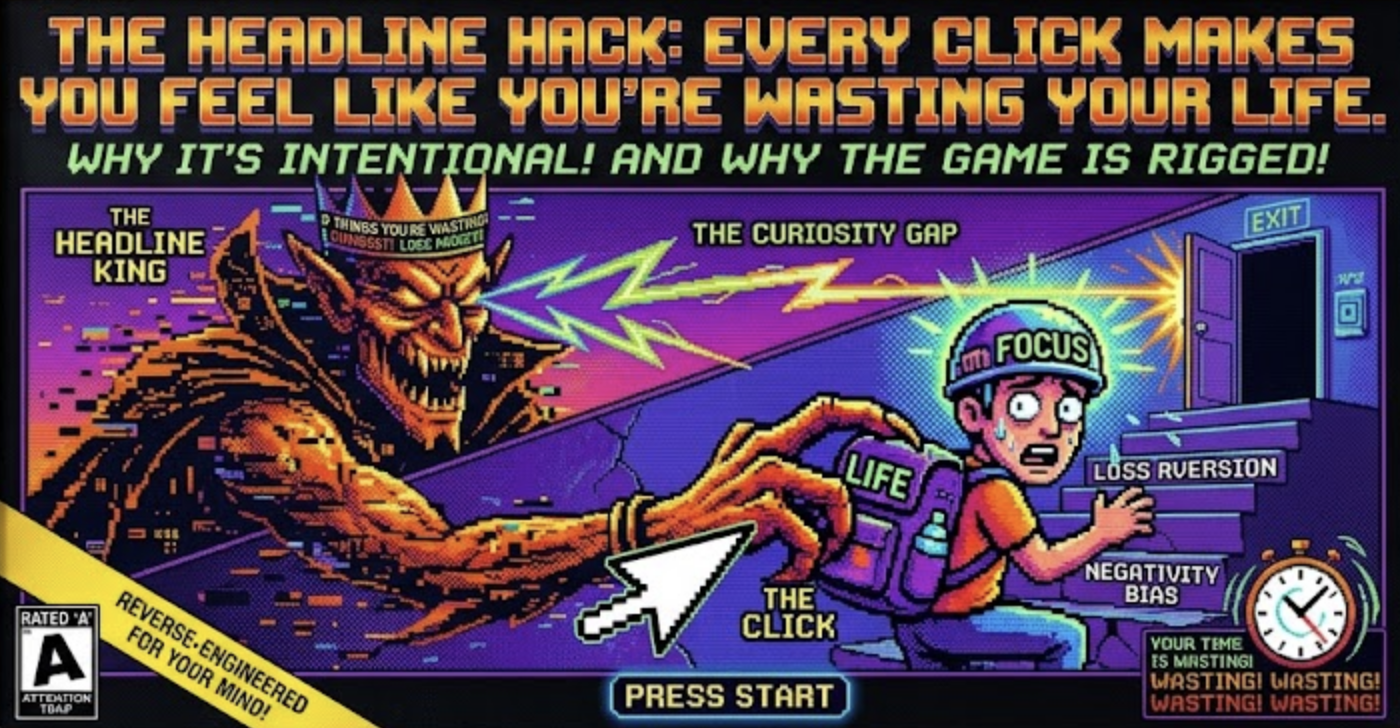 Rows of sensational clickbait headlines on a screen